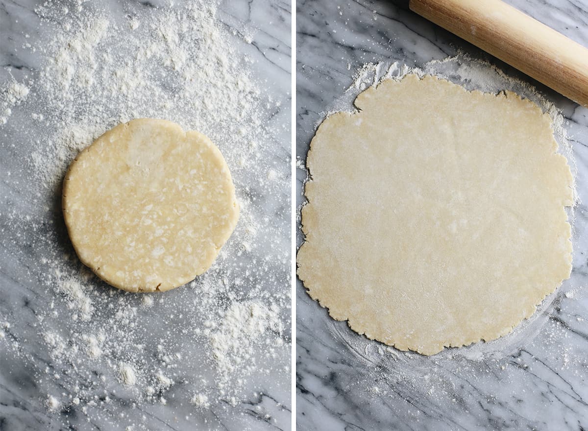 two overhead photos showing How to Make Dairy-Free Pumpkin Pie Crust - rolling out the crust