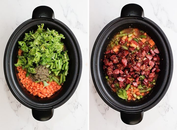 two overhead photos showing how to make sausage kale soup