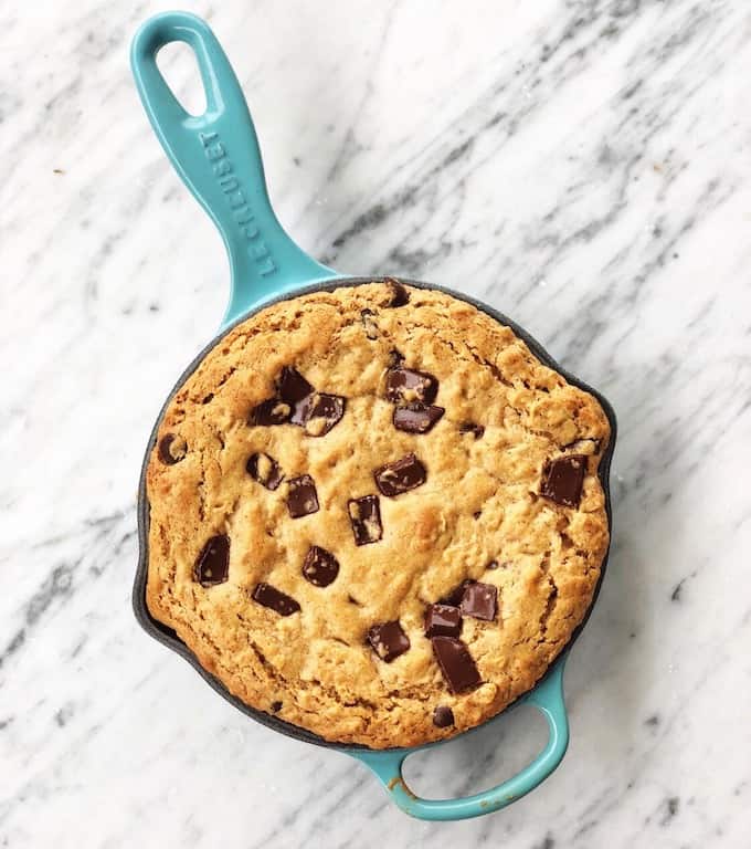 Overhead view of healthy peanut butter skillet cookie