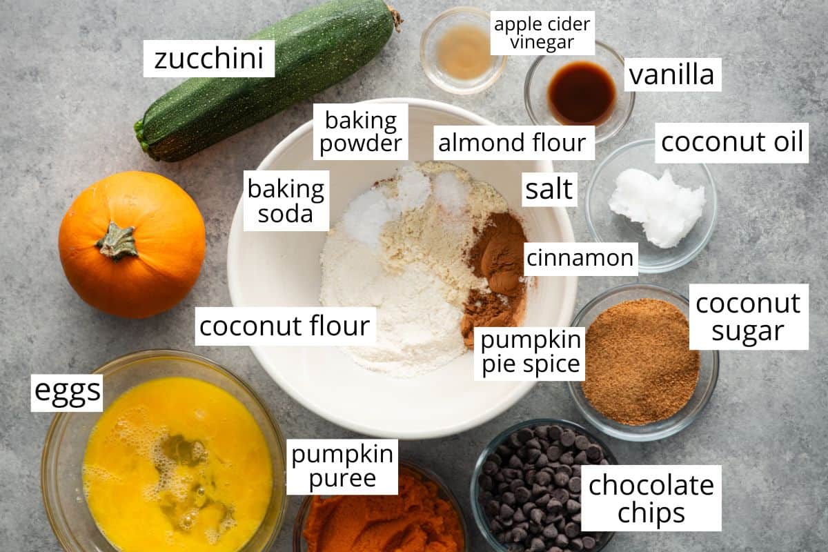 Overhead view of the ingredients in this healthy pumpkin zucchini muffins recipe