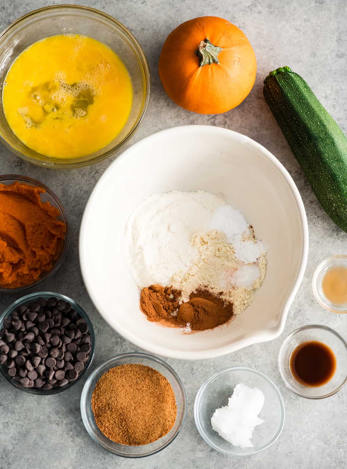 Overhead view of the ingredients in this healthy pumpkin zucchini muffins recipe