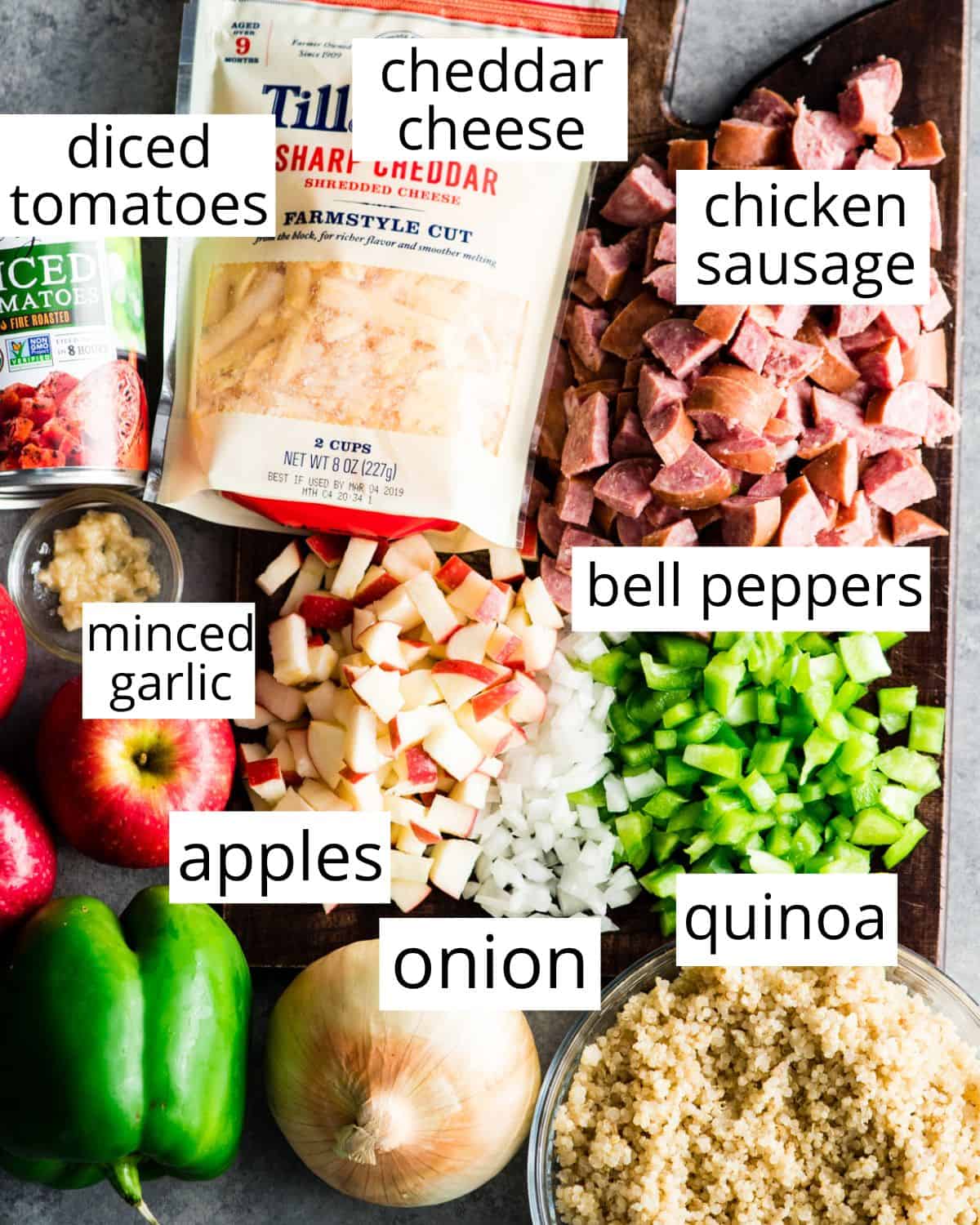overhead view of the labeled ingredients in this Quinoa Casserole recipe