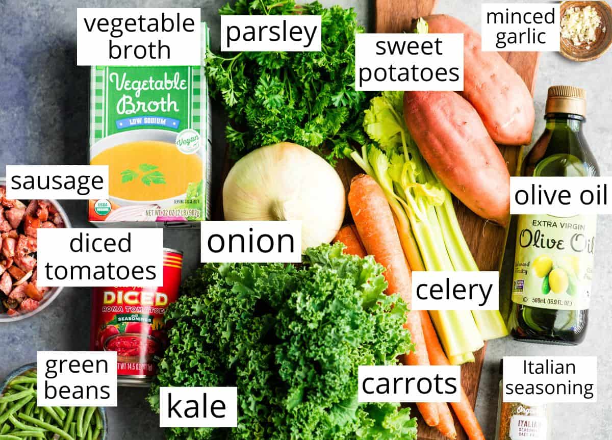 Overhead view of the labeled ingredients in this Sausage Kale Soup Recipe