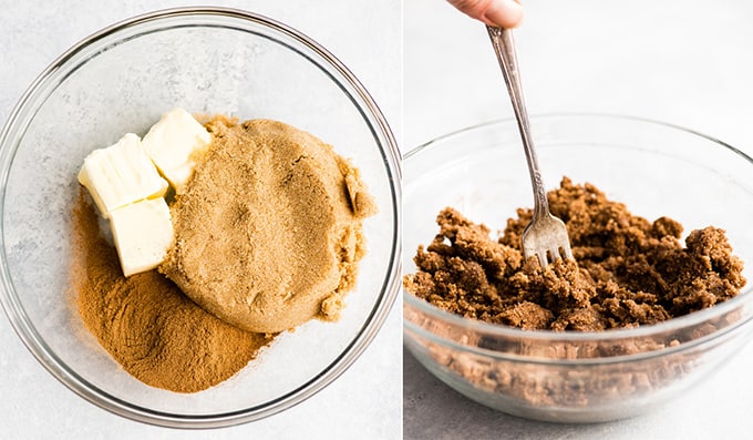 two photos showing the steps in making the cinnamon sugar filling for this best cinnamon rolls recipe