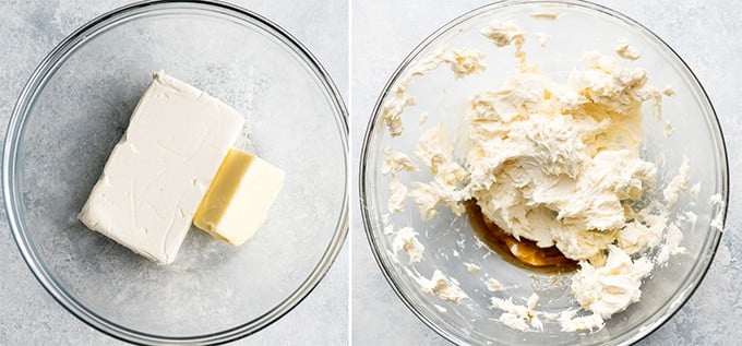 two photos showing the first two steps in making the icing for this best cinnamon rolls recipe