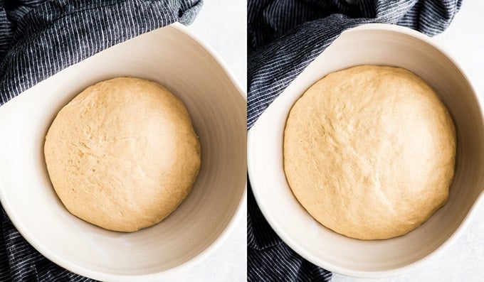 two overhead photos of the Best Cinnamon Rolls Recipe dough in a bowl, one before the dough has risen and one after. 