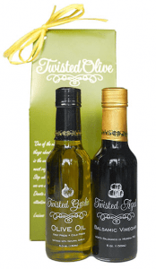 Front view of gift set of olive oil and balsamic vinegar, part of the list of Best Kitchen Gifts (for the Hostess, Chef or Foodie)