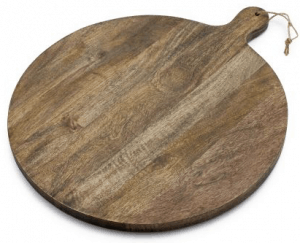 Front view of a large round wood serving board, part of the list of Best Kitchen Gifts (for the Hostess, Chef or Foodie)