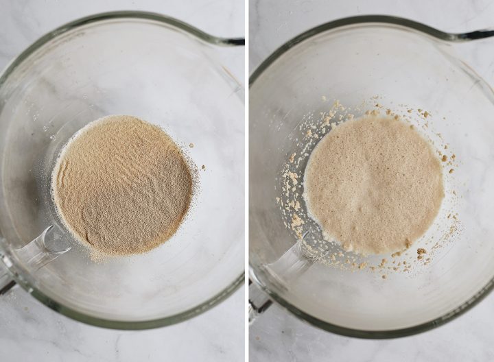 two photos showing How to make cinnamon rolls - yeast proofing