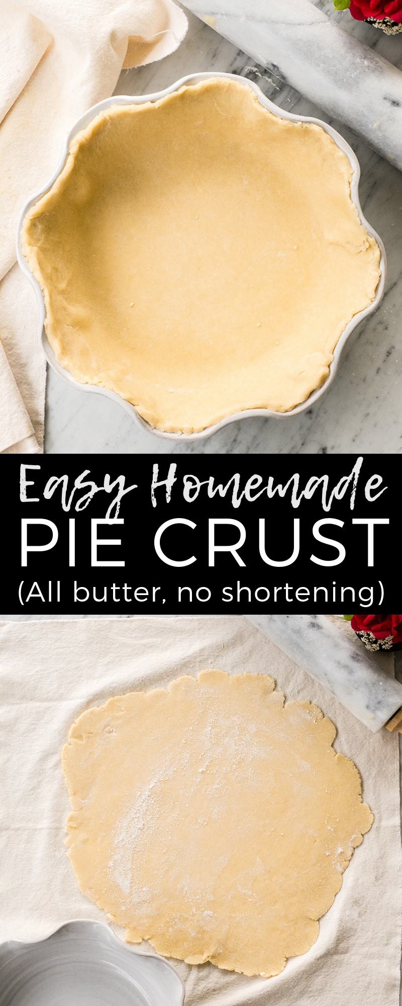 This Flaky Homemade All Butter Pie Crust recipe is an easy pie crust that's made from Scratch with only 5 ingredients in 5 minutes in the food processor! This pie crust has no shortening and is the BEST pie crust recipe ever! #piecrust #flaky #butterpiecrust #homemadepiecrust #recipe #pie