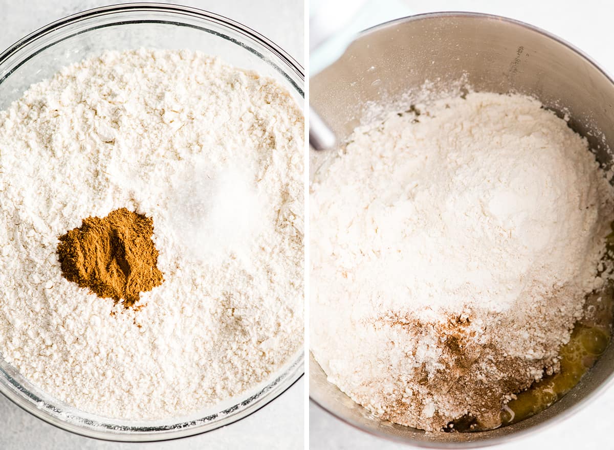 two overhead photos showing how to make cinnamon rolls