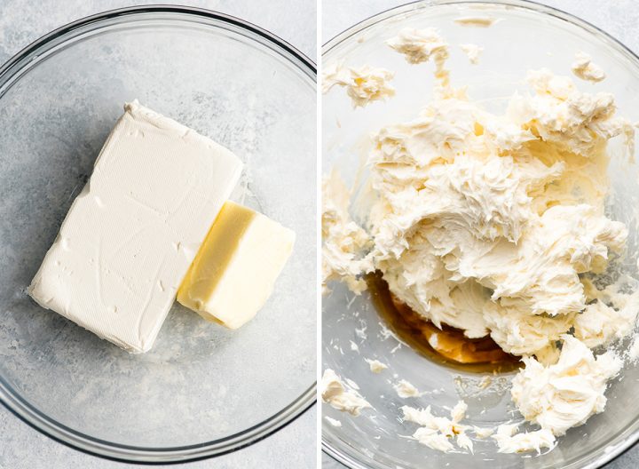 two overhead photos showing how to make cream cheese frosting for cinnamon rolls