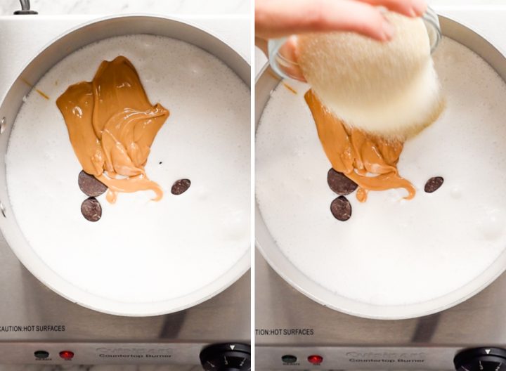 two overhead photos showing How to make Peanut Butter Hot Chocolate