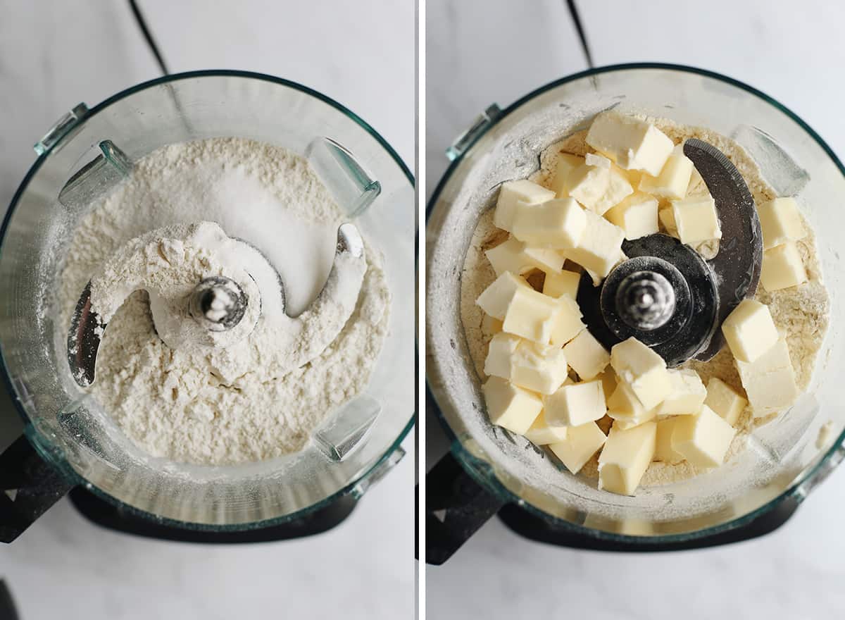 two overhead photos showing How to Make Pie Crust in a food processor 
