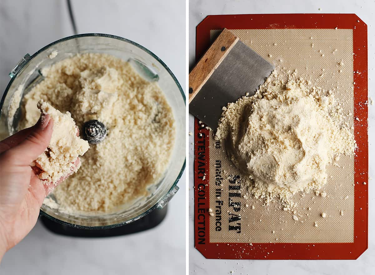 two overhead photos showing How to Make Pie Crust - left in the food processor right on a surface gathering mixture into a ball