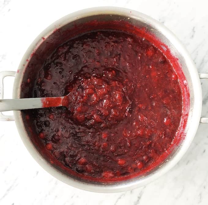 overhead view of homemade cranberry sauce in a pot, Moments November 2018