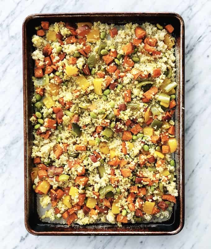 overhead view of roasted vegetable quinoa salad on a baking sheet, Moments November 2018