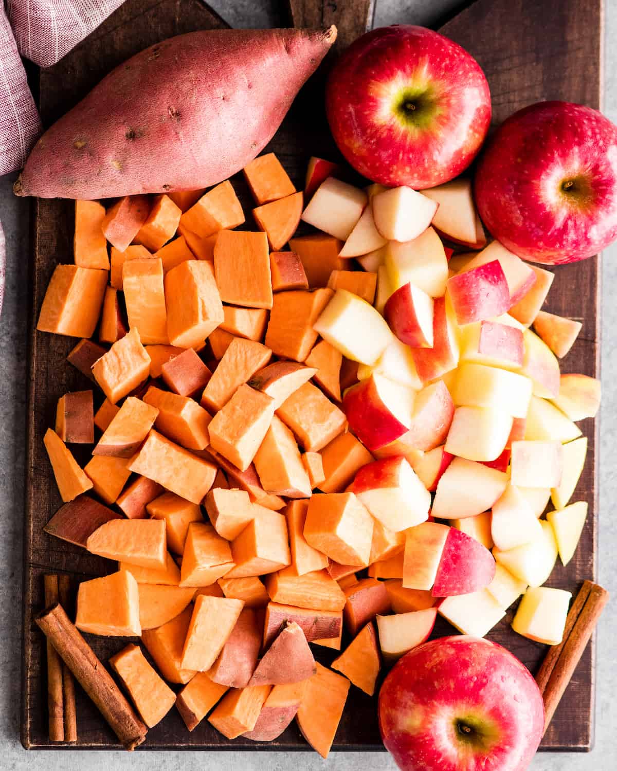 overhead photo of the ingredients in this sweet potatoes and apples recipe