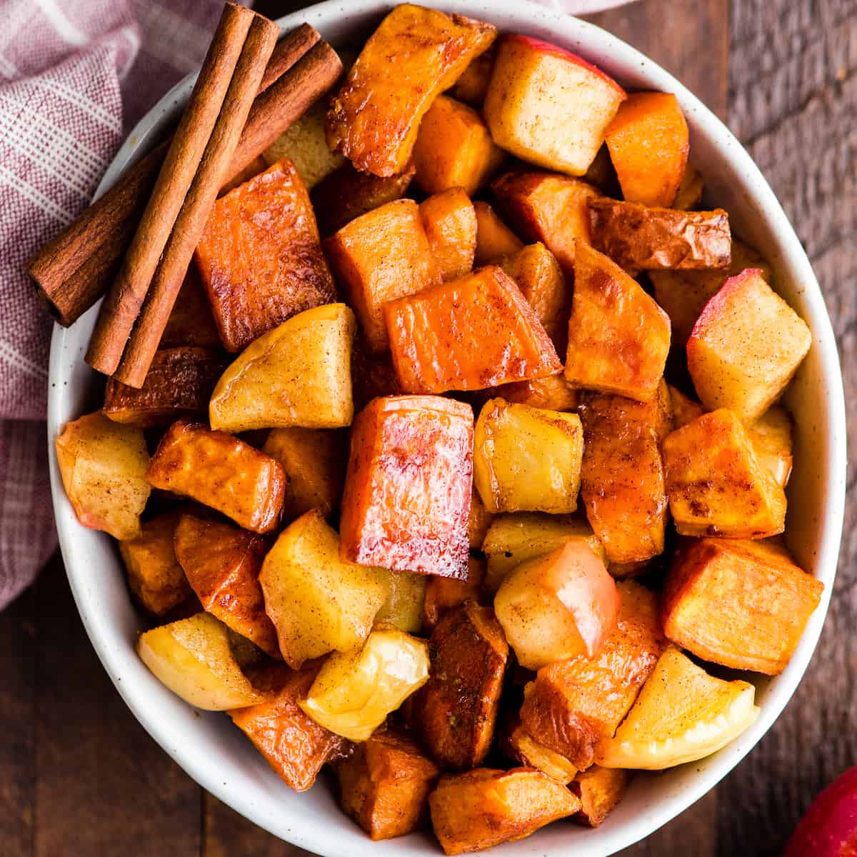 overhead view of Cinnamon Roasted Sweet Potatoes and Apples in a serving dish