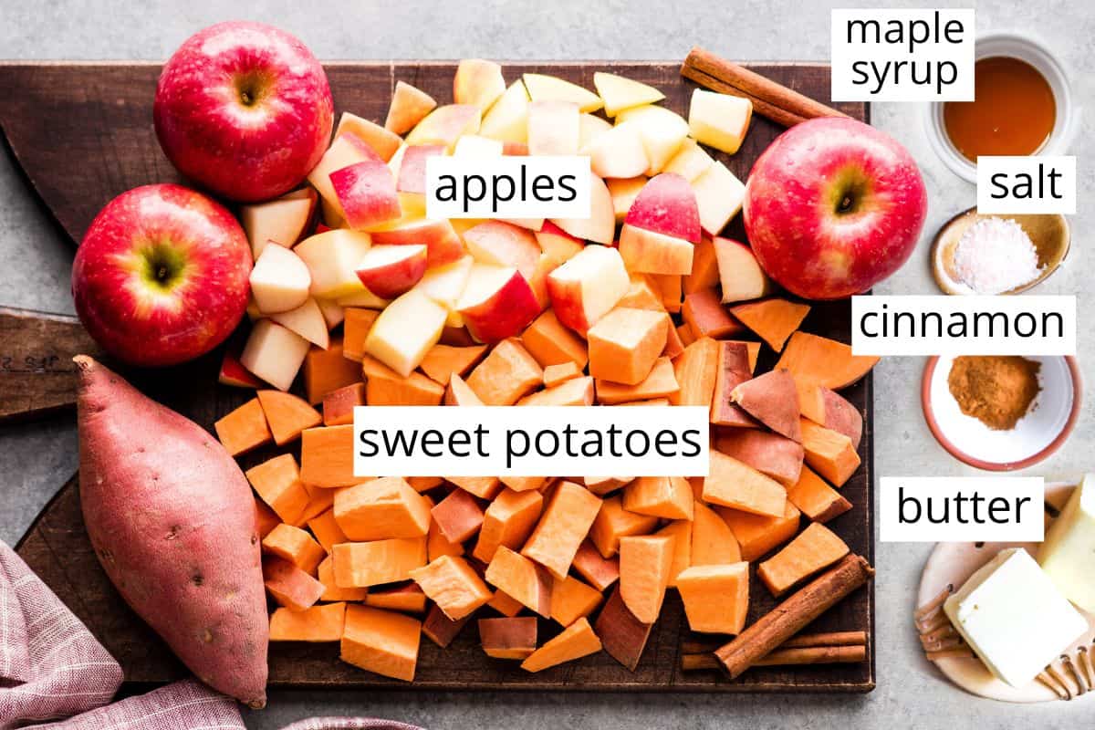 overhead photo of the labeled  ingredients in this sweet potatoes and apples recipe