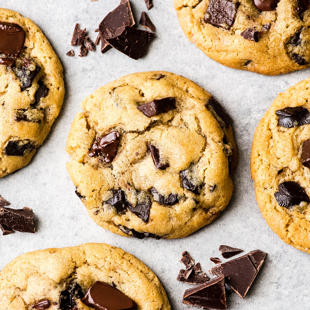 Overhead view of one of the Best Chocolate Chip Cookies EVER surrounded by four others