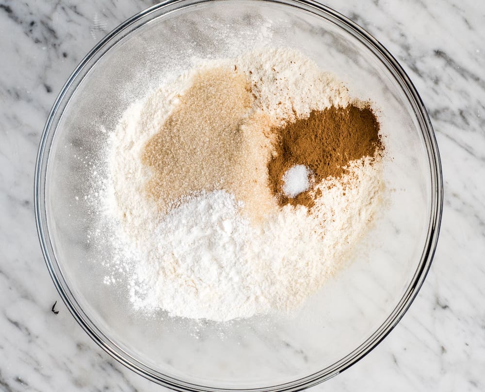 overhead view of a bowl with the dry ingredients in it to make Cinnamon Scones (with Cinnamon Chips)