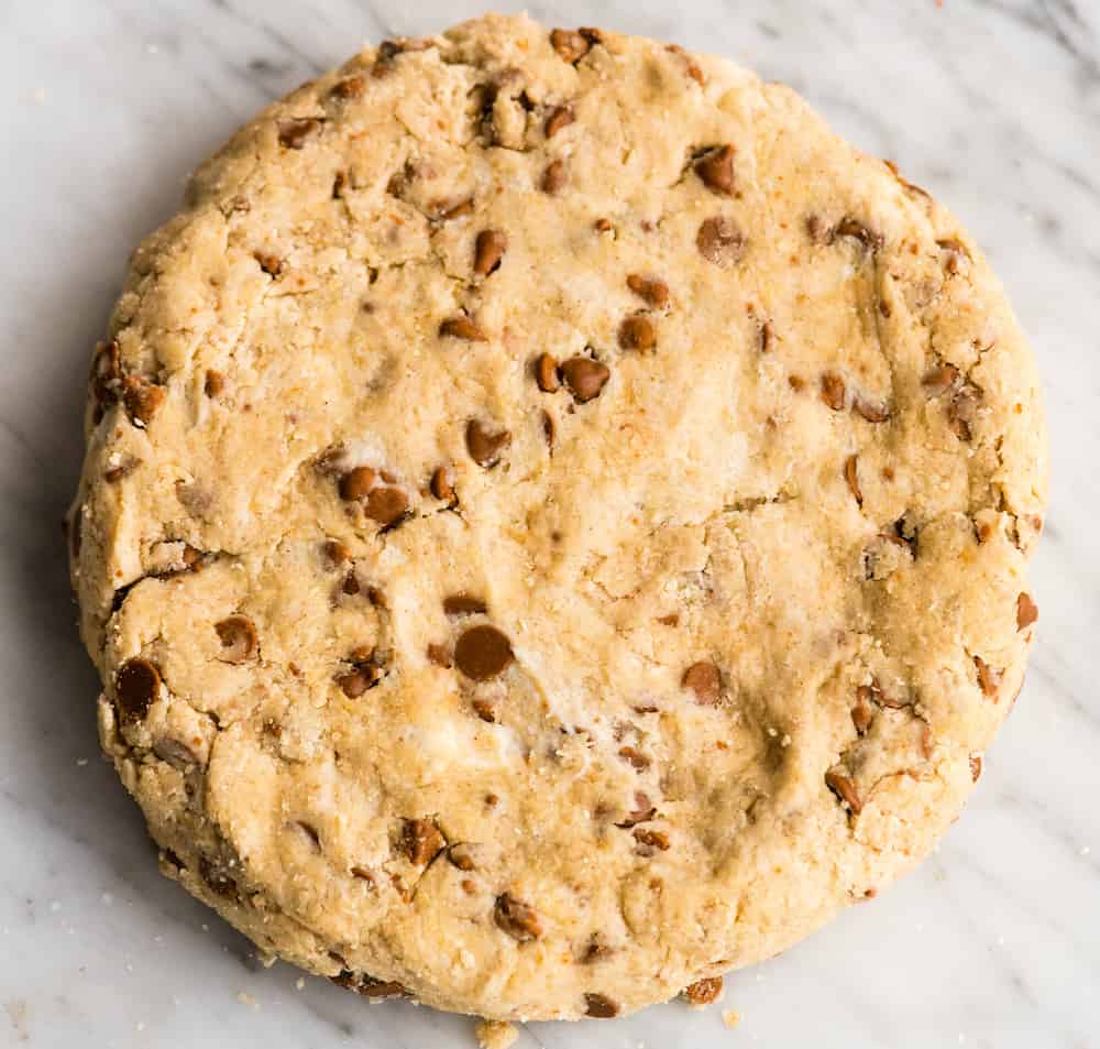 Overhead view of a round circle of Cinnamon Scone dough