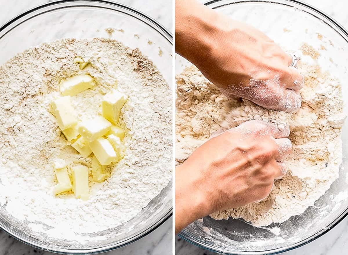two photos showing How to Make Cinnamon Scones - cutting cold butter into dry ingredients with hands