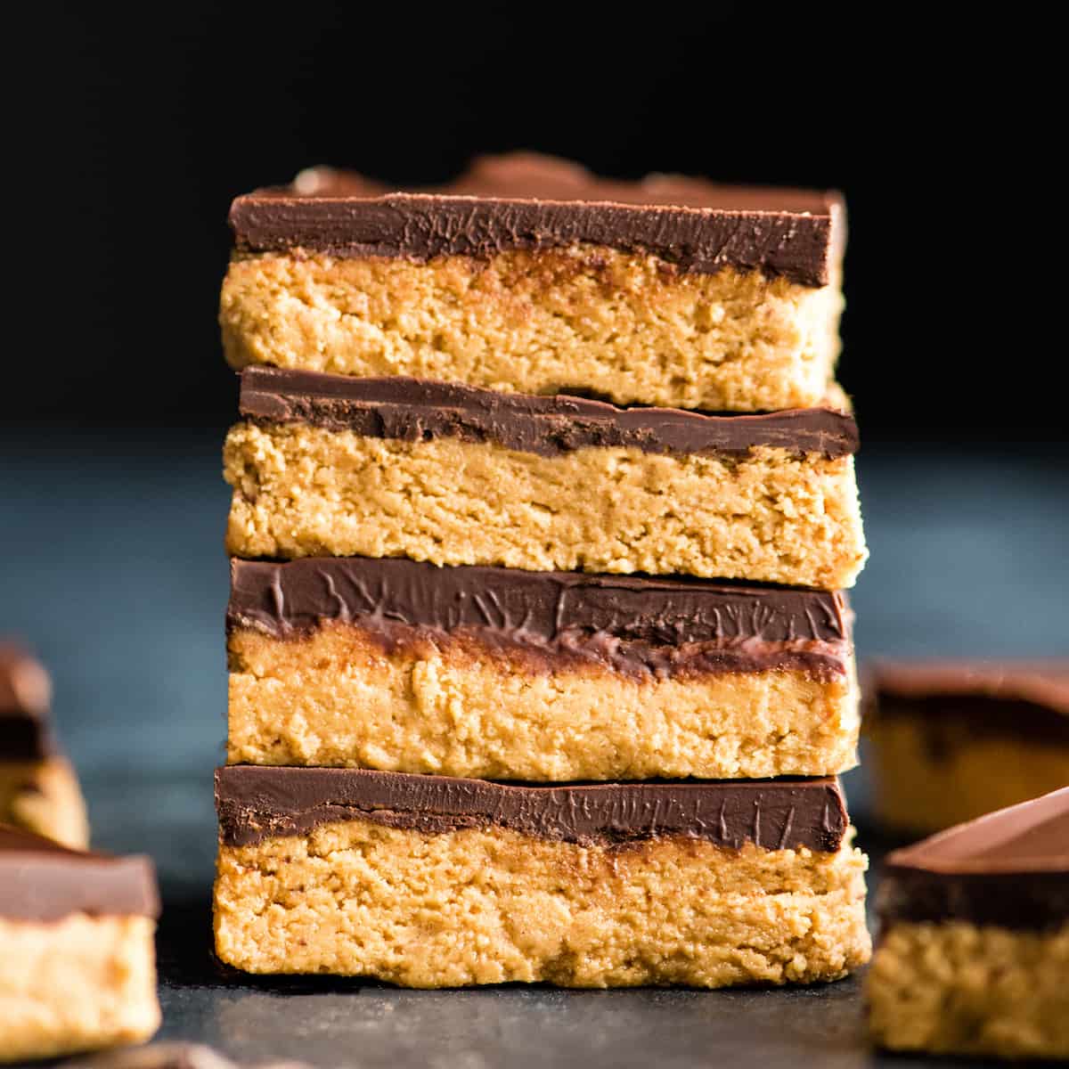 front view of a stack of four No-Bake Chocolate Peanut Butter Bars