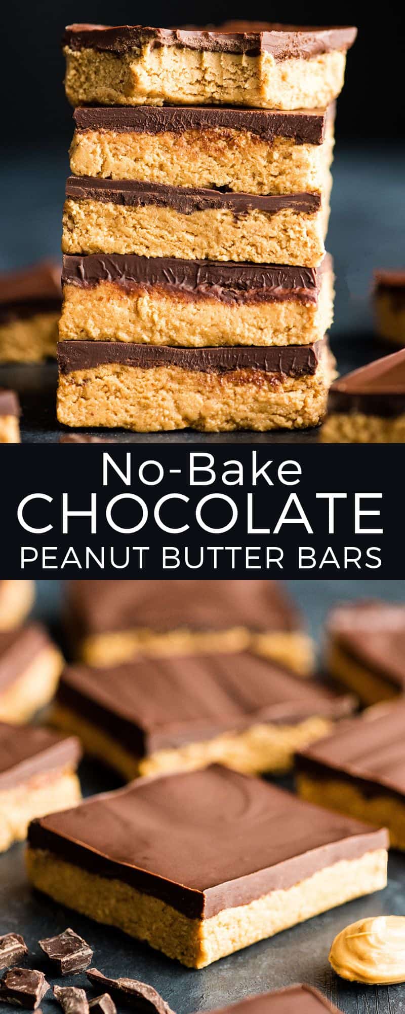 No-Bake Chocolate Peanut Butter Bars are SO easy to make! This recipe is made with 7 ingredients and is ready in 15 minutes! , Plus they can be made vegan (dairy-free) or gluten-free! #peanutbuttercup #nobakepeanutbutterbars #nobake #peanutbutter #cookies #bars #vegan #glutenfree