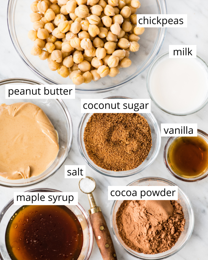 Overhead photo of the ingredients used to make Chocolate Hummus