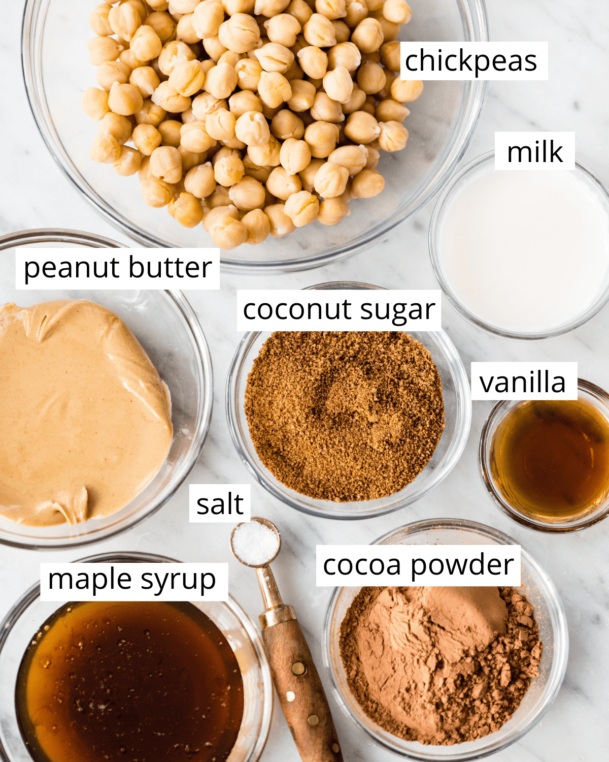 Overhead photo of the labeled ingredients in this chocolate hummus recipe