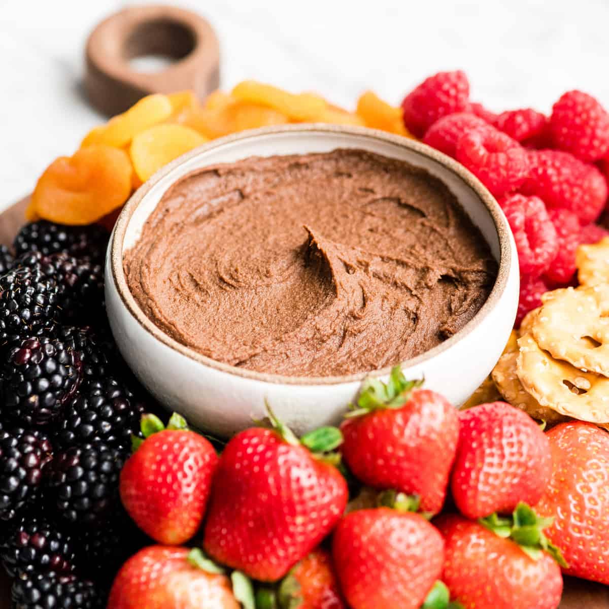 Front view of a bowl of chocolate hummus surrounded by fruits, dried fruits and pretzels