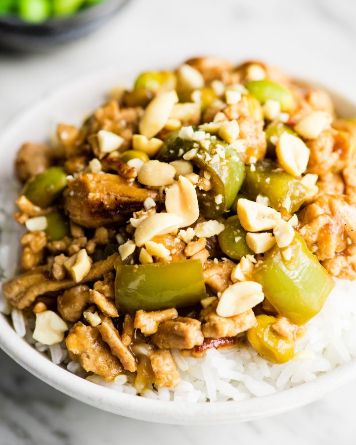 front up close view of Thai Slow-Cooker Ground Turkey in a bowl served over white rice