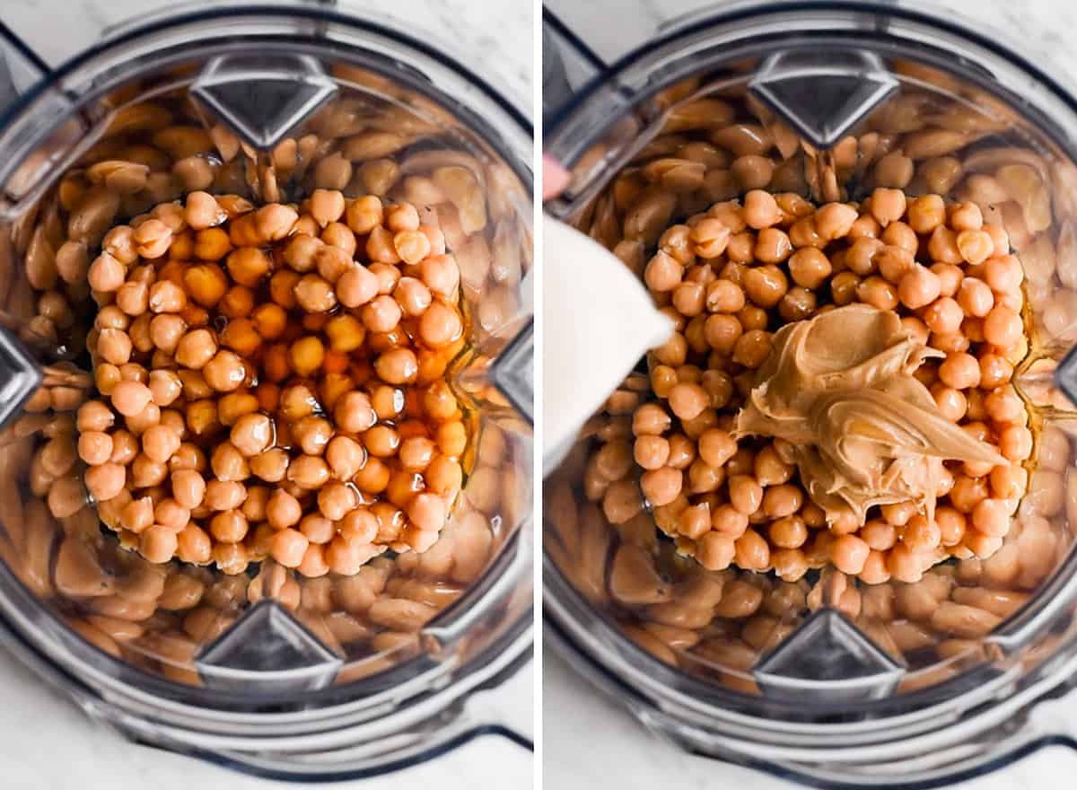 two overhead photos showing How to Make Chocolate Hummus in a Vitamix blender