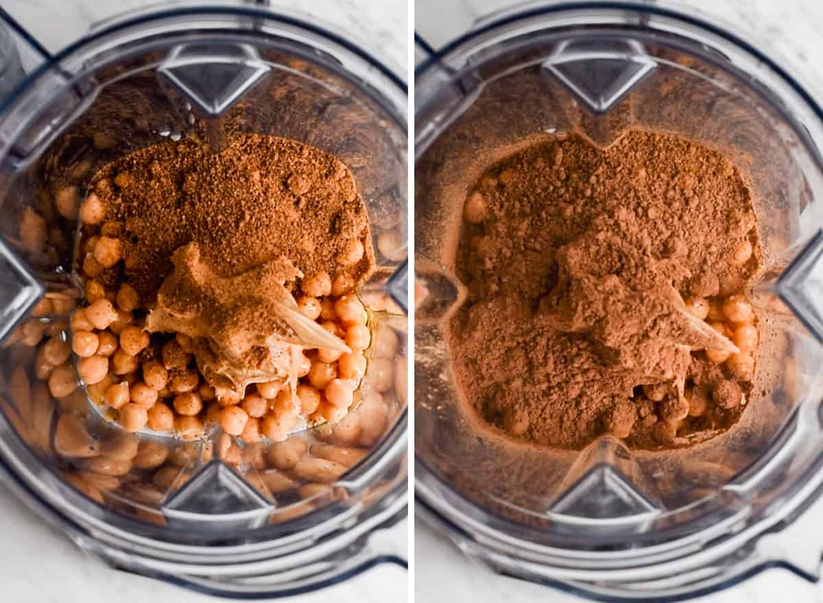 two overhead photos showing How to Make Chocolate Hummus in a Vitamix blender