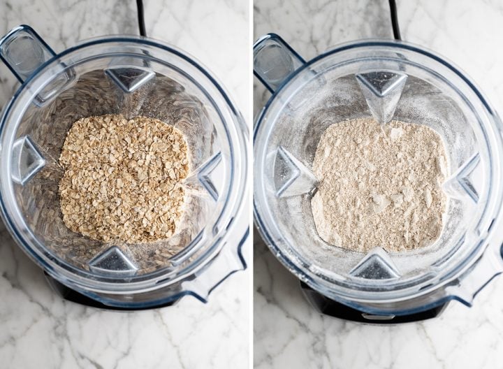 two overhead photos showing how to make oat flour in a vitamix blender