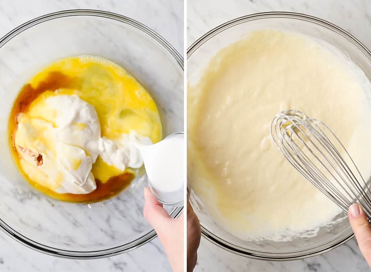 two overhead photos showing how to make Greek yogurt pancakes - combining wet ingredients