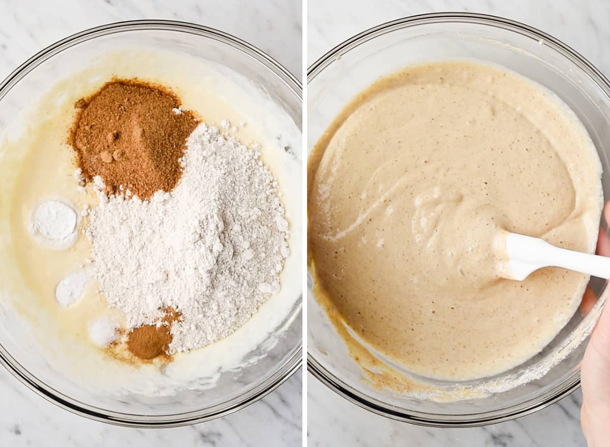 two overhead photos showing how to make Greek yogurt pancakes -  adding dry ingredients