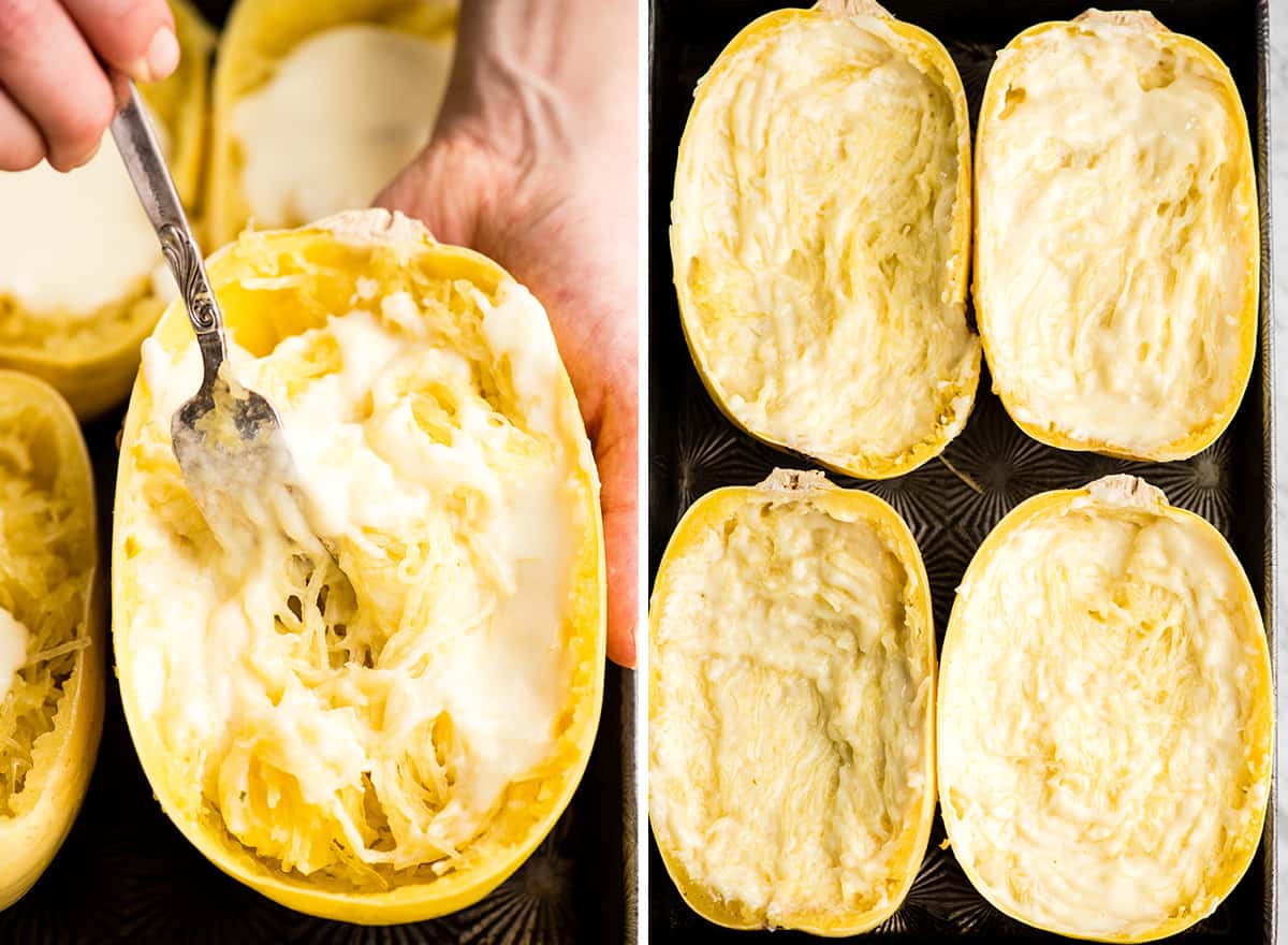 two overhead photos showing how to make spaghetti squash mac and cheese