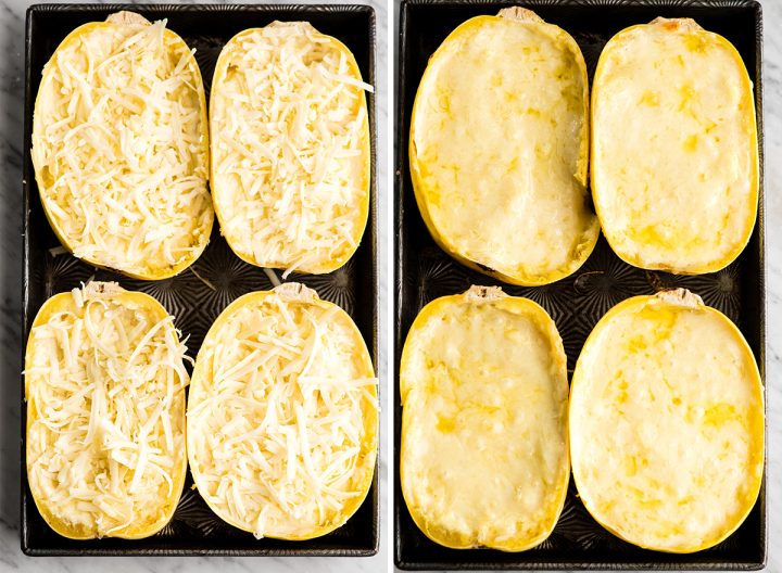 two overhead photos showing how to make spaghetti squash mac and cheese