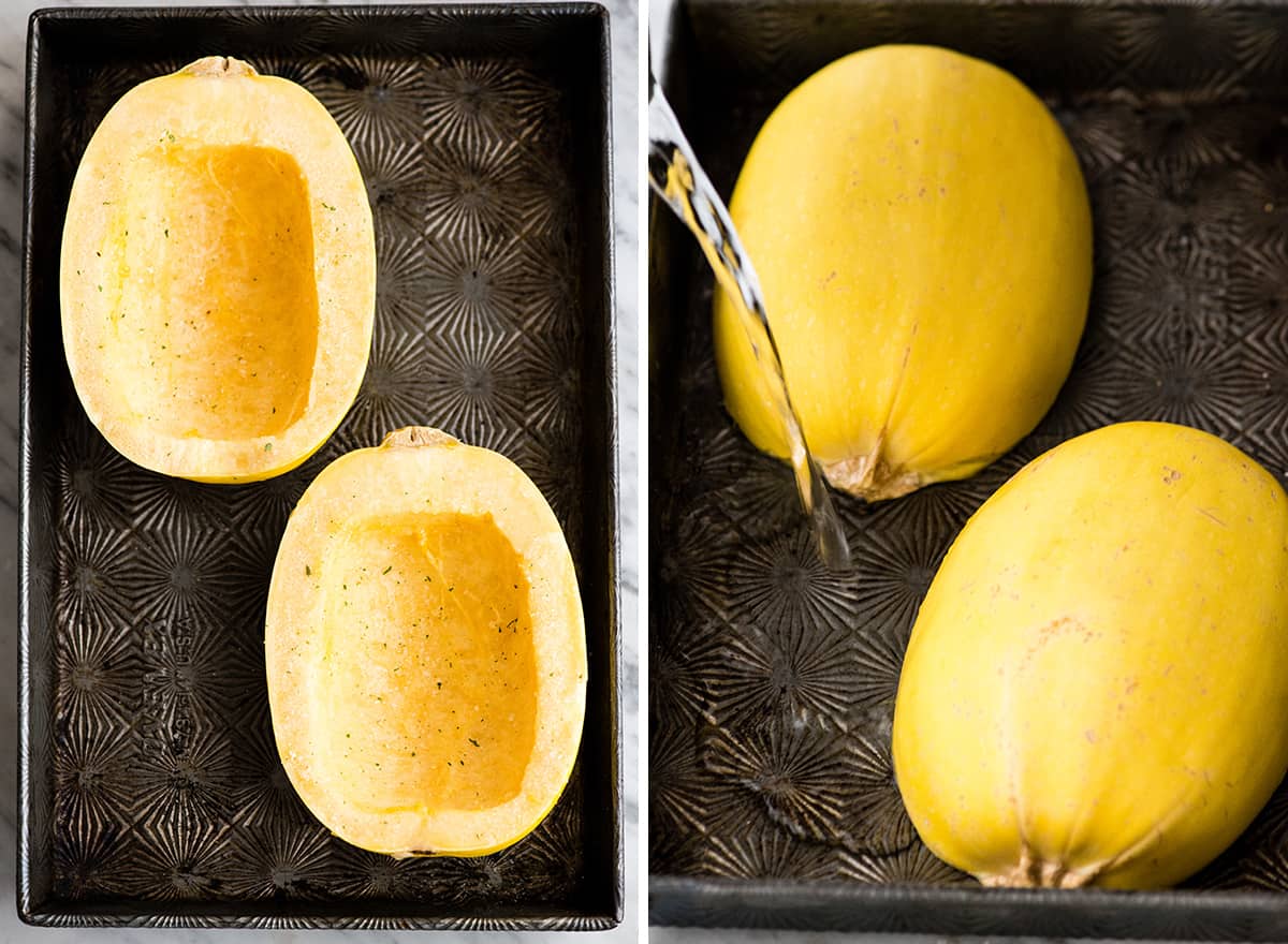 two overhead photos showing How to make Spaghetti Squash Mac and Cheese - roasting the squash