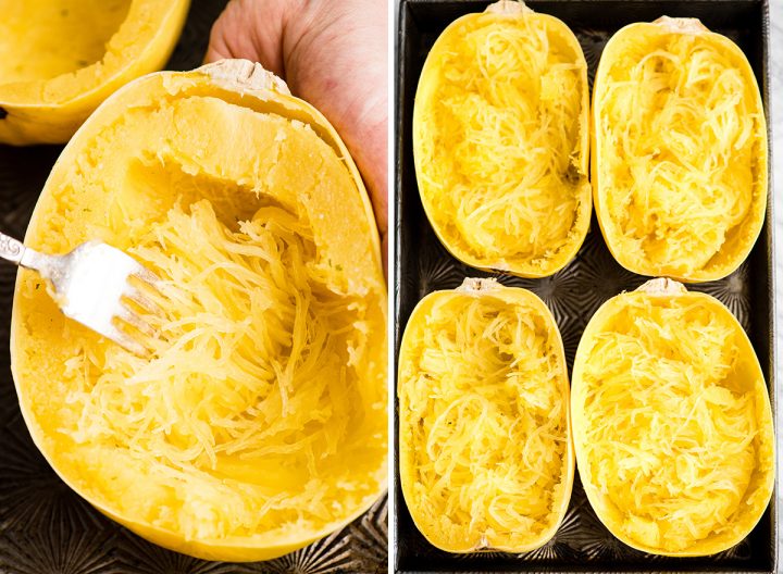 two photos showing how to make spaghetti squash mac and cheese - shredding the squash in the shells