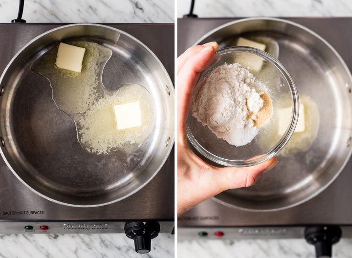two photos showing how to make spaghetti squash mac and cheese sauce