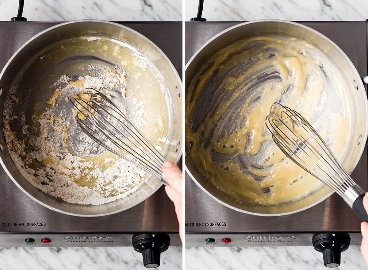 two photos showing how to make spaghetti squash mac and cheese sauce