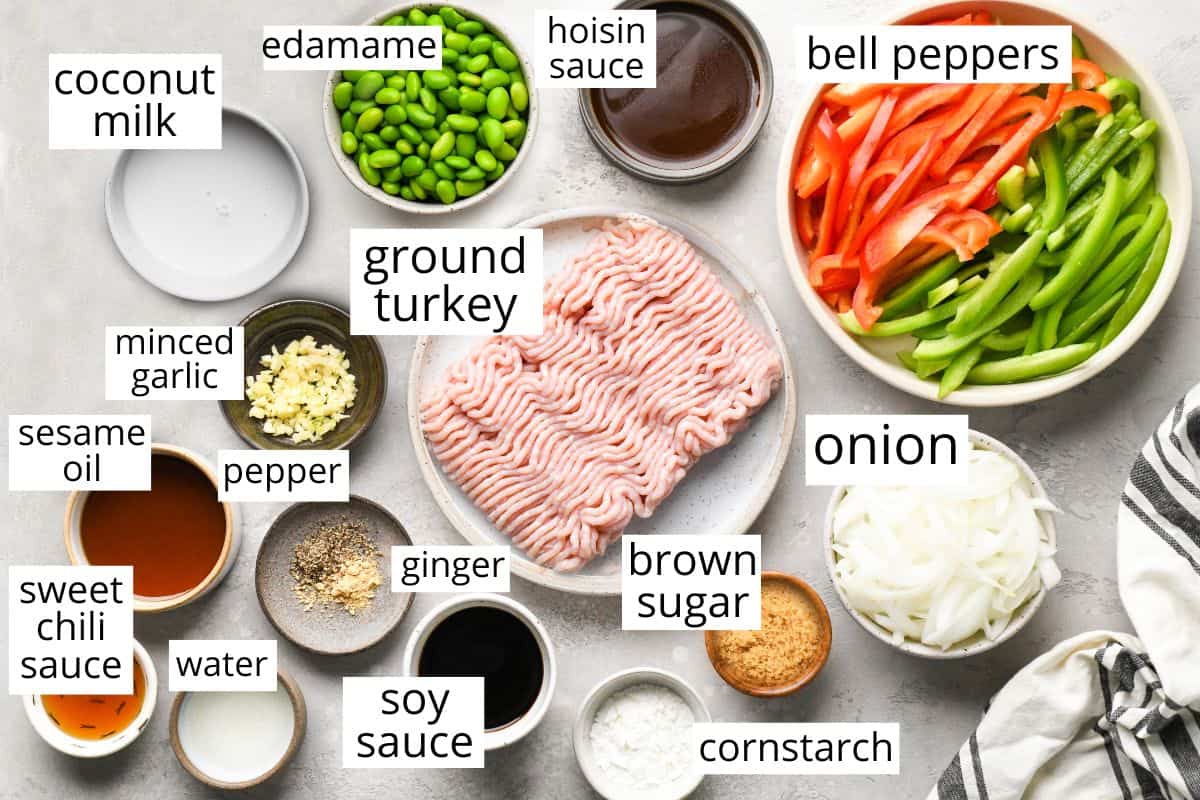 overhead photo of the labeled ingredients in this Thai Slow Cooker Ground Turkey recipe