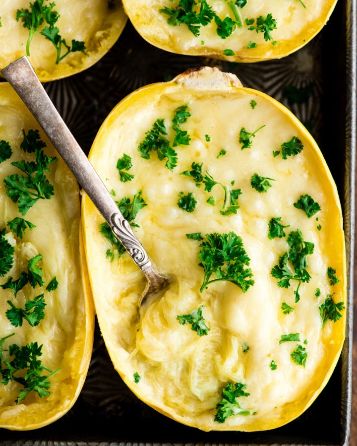 Overhead view of four spaghetti squash halves filled with Spaghetti Squash Mac and Cheese and sprinkled with parsley after baking, one has a fork in it
