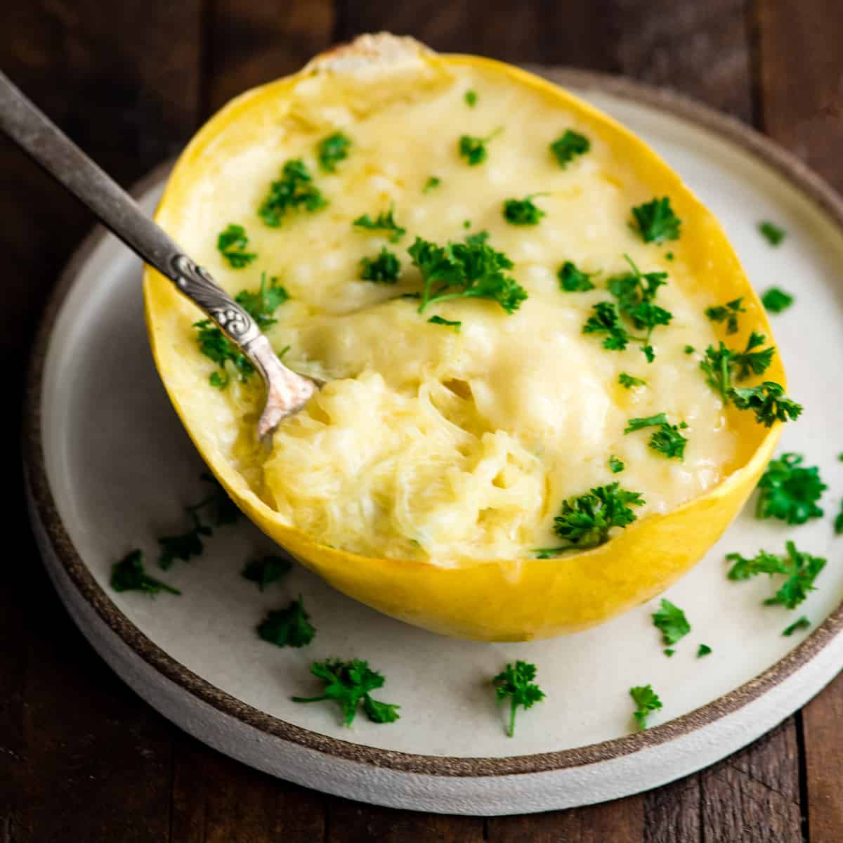 Front view of a half of a spaghetti squash with a fork in it and Spaghetti Squash Mac and Cheese sprinkled with parsley