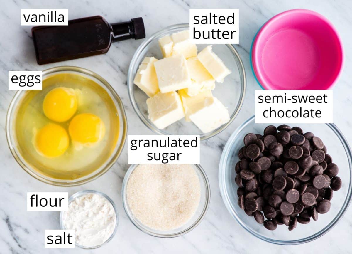 overhead photo of the labeled ingredients in this chocolate lava cake recipe