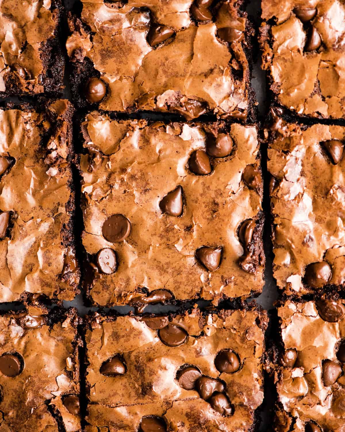 Overhead view of 9 Paleo Flourless Brownies cut into squares 